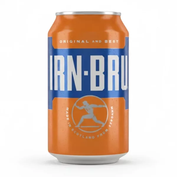 Orange can of Irn-Bru sparkling soft drink held in hand