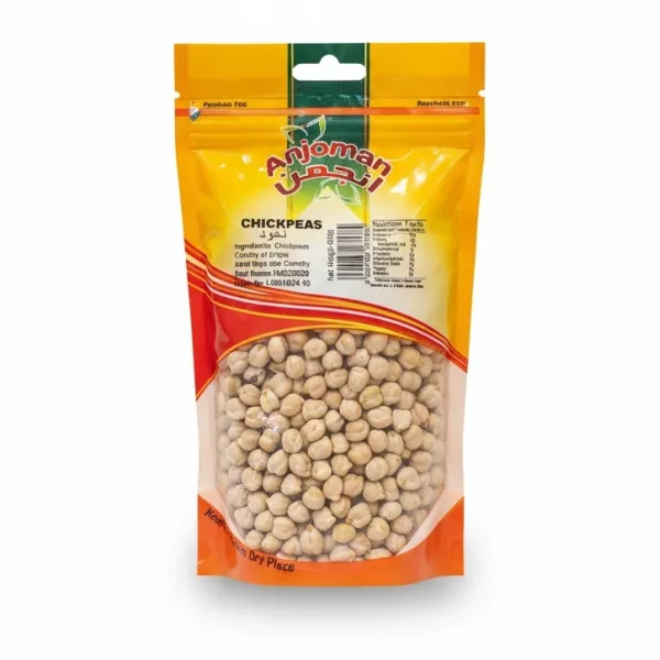 Package of Anjoman brand chickpeas showing front with clear pouch on a white background