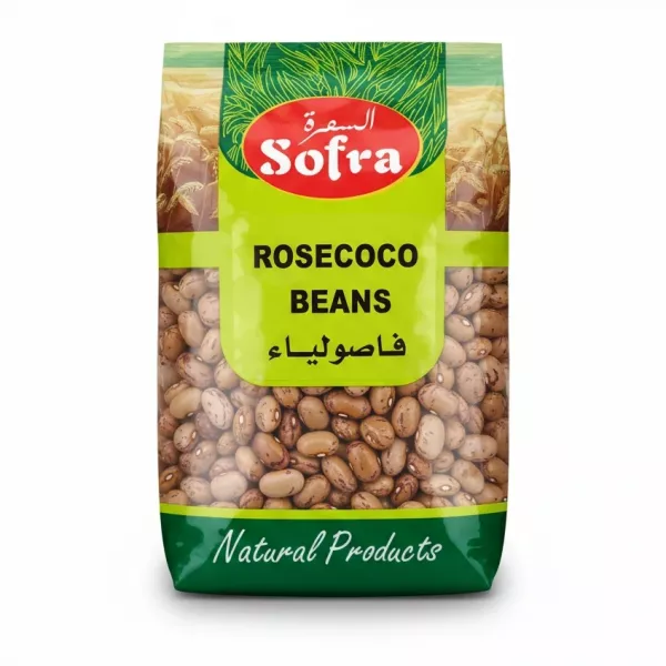 Pack of Sofra Rosecoco Beans in re-sealable bag showing bean pattern