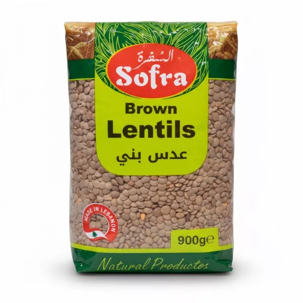 Sofra brand brown lentils packaged in a green and yellow resealable bag
