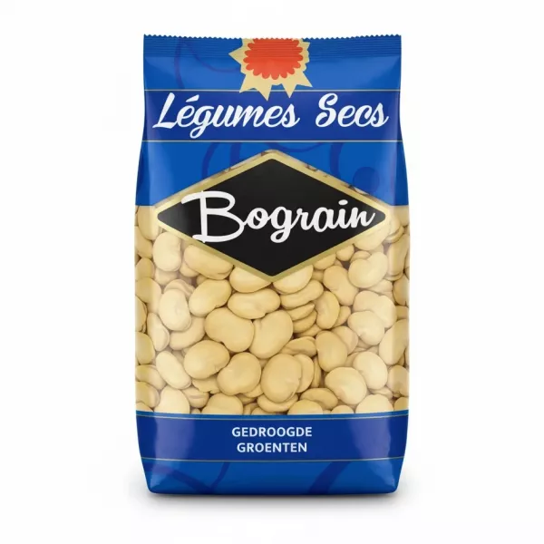 Bograin pack of split broad beans with blue and yellow packaging