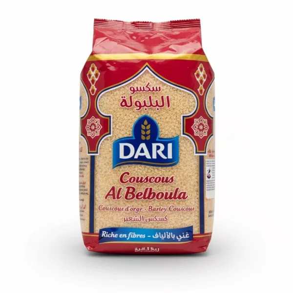 Packet of Dari brand barley couscous Al Belboula with red and gold packaging