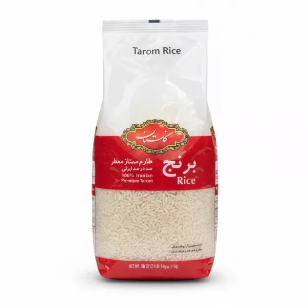 Front view of Golestan Premium Tarom Rice pack showing white rice grains