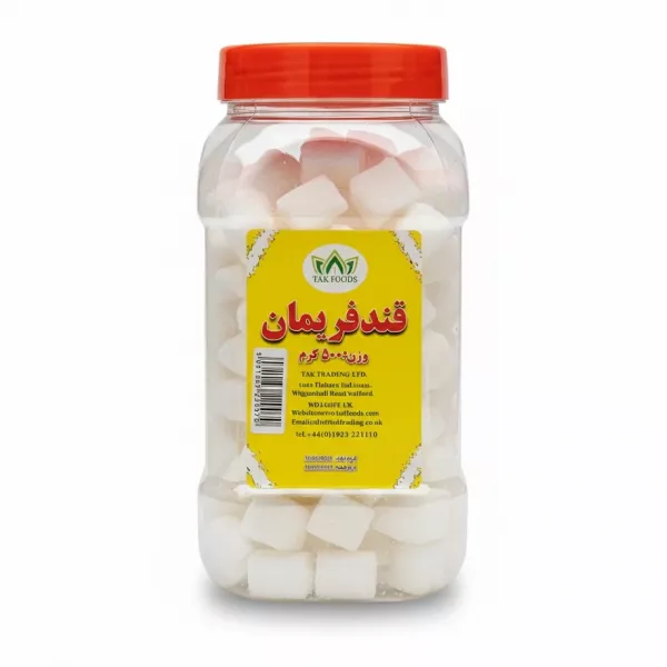 Clear jar of white sugar cubes with red lid by Tak Foods front label
