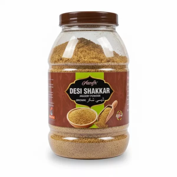 Jar of Aarafh Desi Shakkar brown jaggery powder