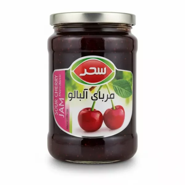 Jar of Sahar sour cherry jam with label showing cherries