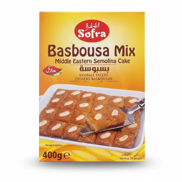 Box of Sofra Basbousa Mix with image of prepared basbousa cake