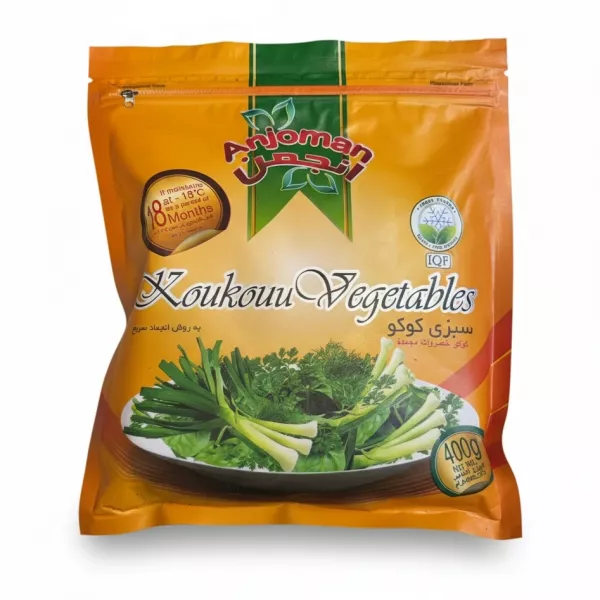 Front pack view of Anjoman Koukou mixed frozen vegetables in orange resealable bag
