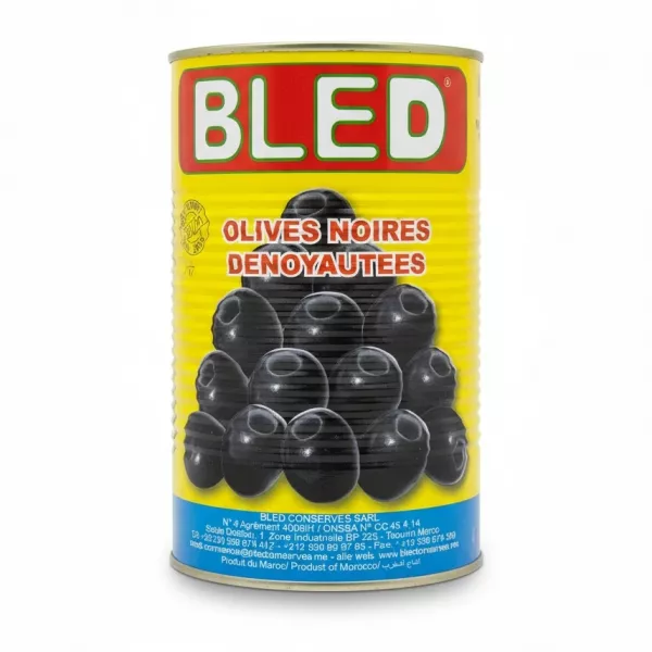 Can of Bled brand pitted black olives in brine