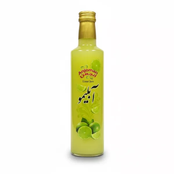 Bottle of Anjoman Lime Juice with lime graphics on front label