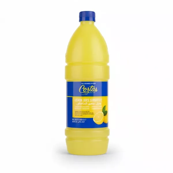 Yellow plastic bottle of Cortas lemon juice substitute with blue label