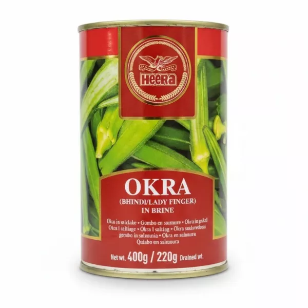 Heera brand canned okra in brine front view