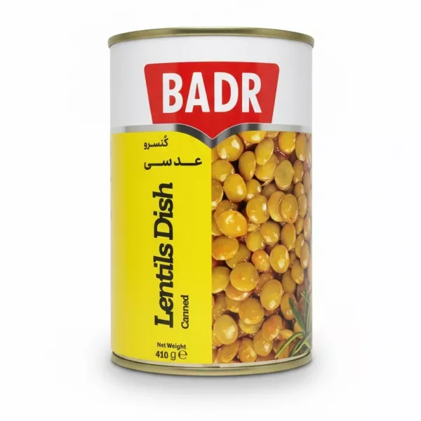 Badr brand canned lentils dish front view on a white background