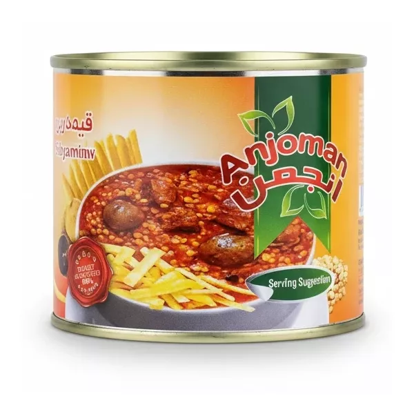 Can of Anjoman Gheyme Sibzamini stew held in hand