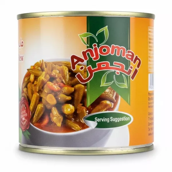 Can of Anjoman Okra Stew showing dish serving suggestion