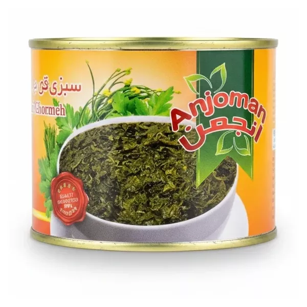 Tin of Anjoman Fried Sabzi Ghormeh with parsley and coriander illustration