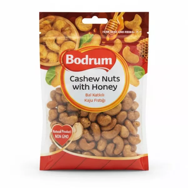 Bodrum brand cashew nuts with honey in a resealable transparent pouch