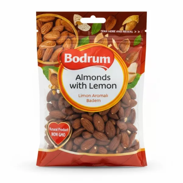 Bodrum Almonds with Lemon resealable pack front