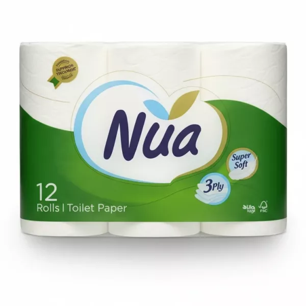 Pack of 12 rolls of Nua 3 ply toilet paper with green and white packaging