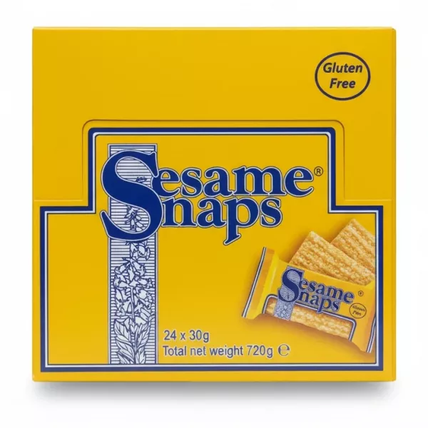 Yellow box of Sesame Snaps gluten free snack bars