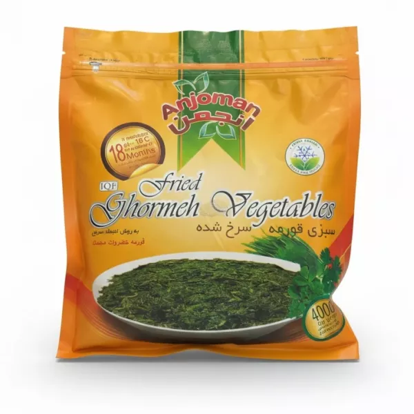 Pack of Anjoman Fried Ghormeh Vegetables front view with product name and image of green herbs