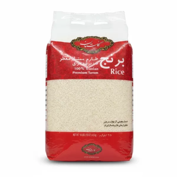 pack of Golestan Premium Tarom rice showing long white grains