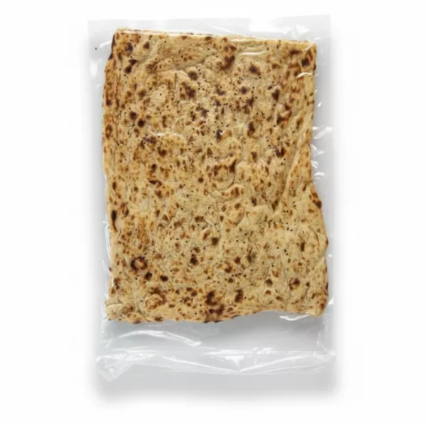 Vacuum-sealed rectangular Persian Sangak flatbread sprinkled with sesame seeds