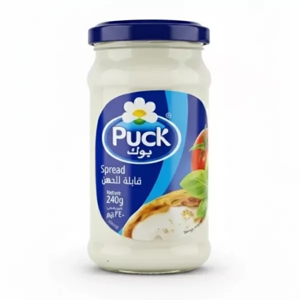 Front view of Puck creamy cheese spread jar 240g