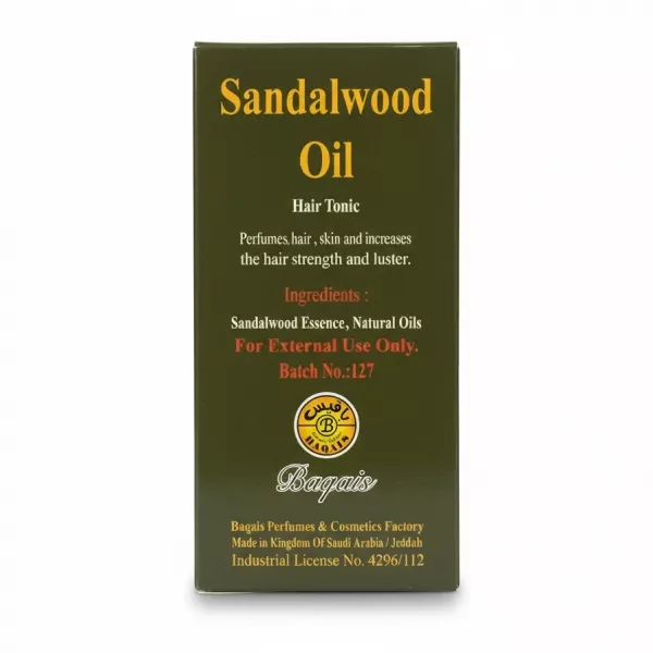Baqais Sandalwood Hair Oil 125ml back packaging with ingredient details