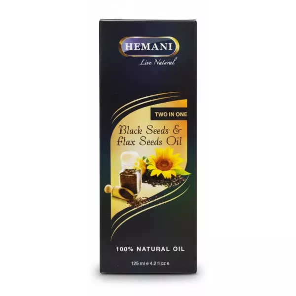 Hemani Two in One Black Seeds and Flax Seeds Oil packaging front