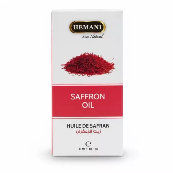 Box of Hemani Saffron Oil with saffron threads image on front