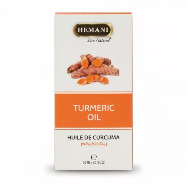 Box packaging of Hemani Turmeric Oil with turmeric root image