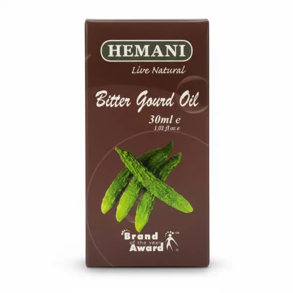 Hemani Bitter Gourd Oil 30ml boxed package with green bitter gourds image