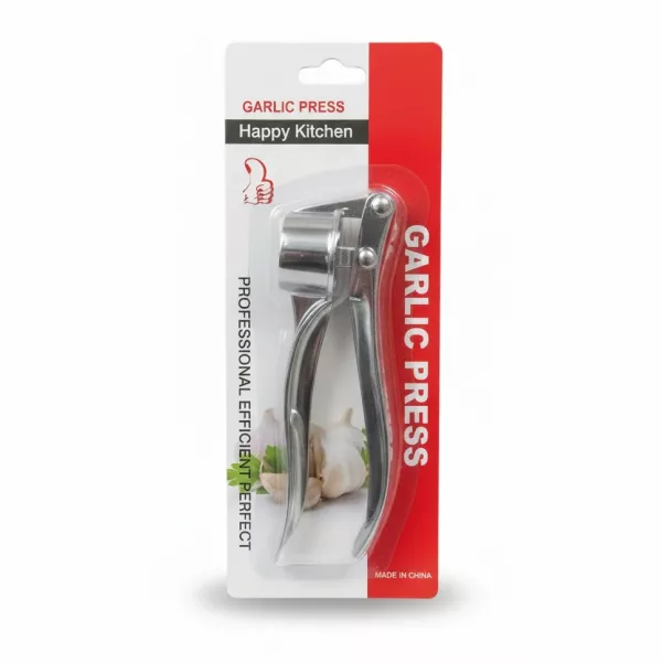 Happy Kitchen metal garlic press in packaging
