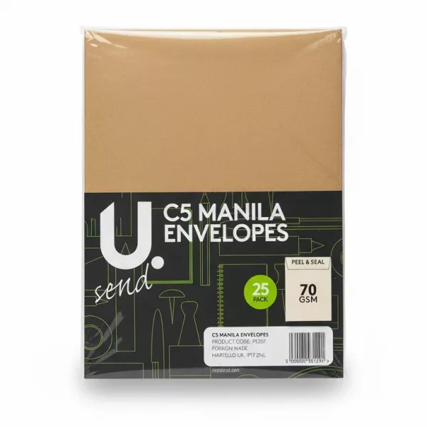Pack of J. Send C5 Manila Envelopes in plastic wrapping showing packaging label