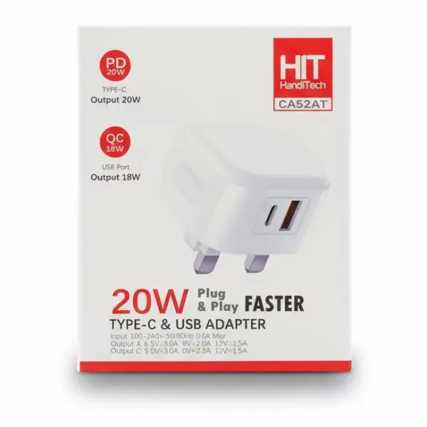 HIT HandiTech 20W Type-C & USB Adapter front box view