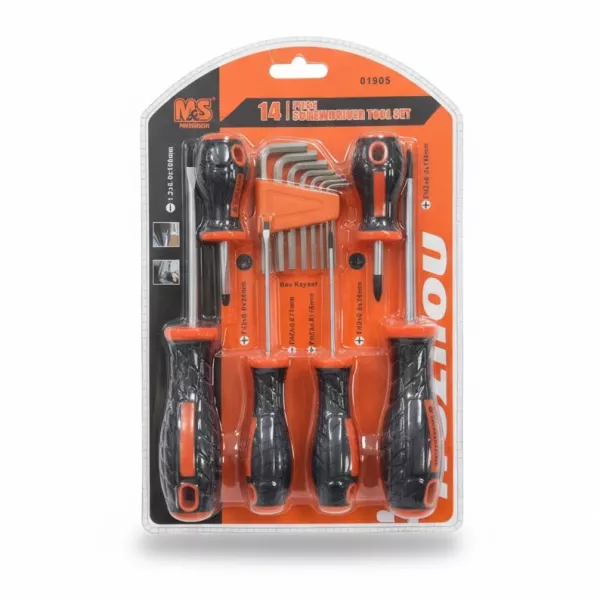M&S 14 piece screwdriver set with black and orange handles in packaging front view