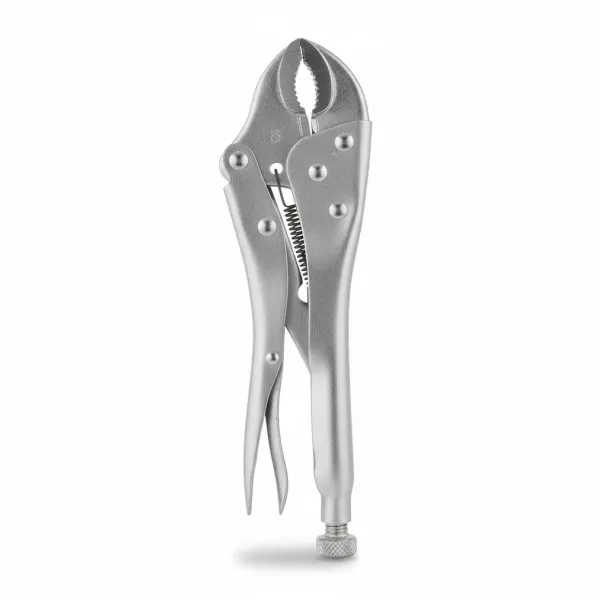 Silver curved jaw locking pliers with wire cutter front view