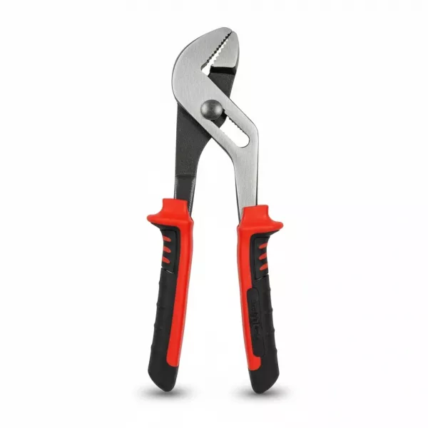 HandyTools 8 inch tongue and groove pliers with red and black handles front view