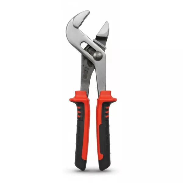 Front view of HandyTools tongue and groove pliers with ergonomic black and red handles