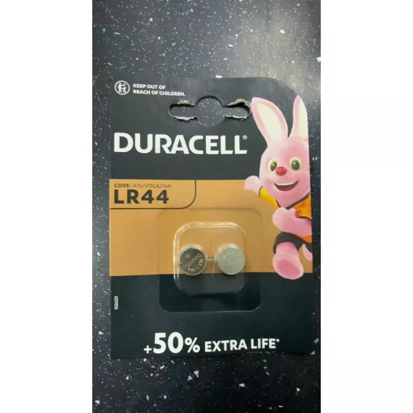 Duracell LR44 alkaline button cell batteries pack front
