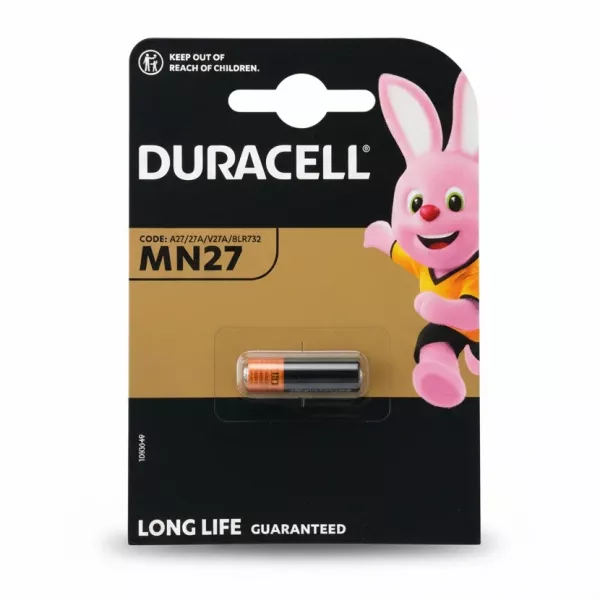 Single Duracell MN27 alkaline battery in packaging