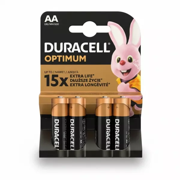 Pack of four Duracell Optimum AA batteries in packaging