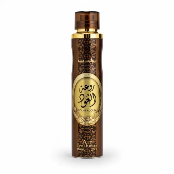 Lattafa Rouat Al Oud elegant brown and gold air freshener bottle