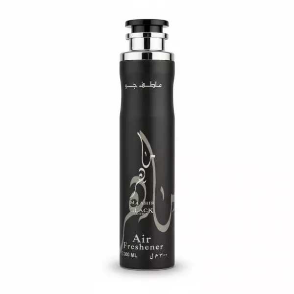 Maahir Black Edition air freshener bottle with black matte finish and silver Arabic art