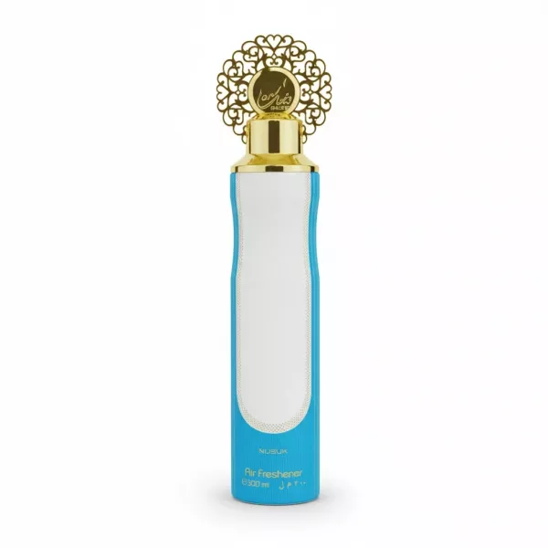 Ahbami Nusuk Air Freshener blue bottle with decorative gold cap front view