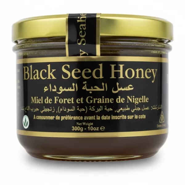 Jar of River of Honey Black Seed Honey with black and gold label