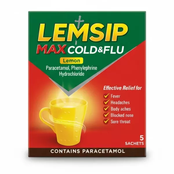 Box of Lemsip Max Cold & Flu Lemon sachets with a yellow mug illustration