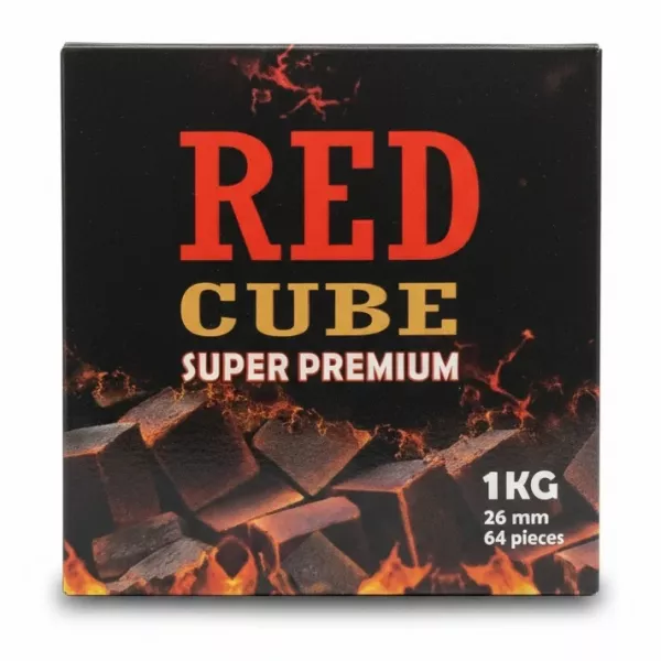 Box of Red Cube Super Premium Charcoal Cubes showing 1Kg with 64 pieces
