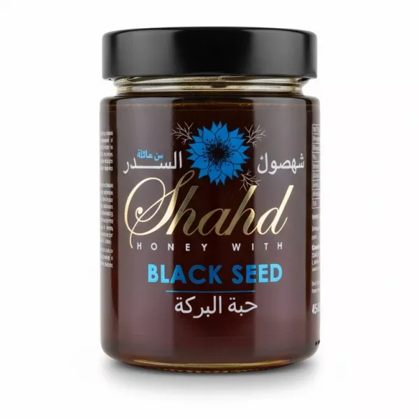 Jar of Shahd Honey with Black Seed front label